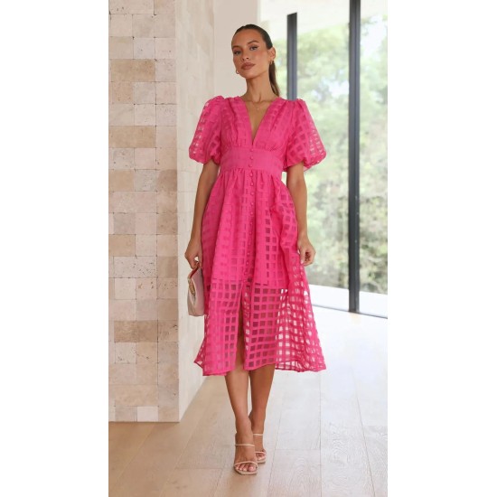 BEAUTY SQUARE PATTERNED FABRIC PUFF SLEEVE MIDI DRESS