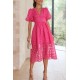 BEAUTY SQUARE PATTERNED FABRIC PUFF SLEEVE MIDI DRESS