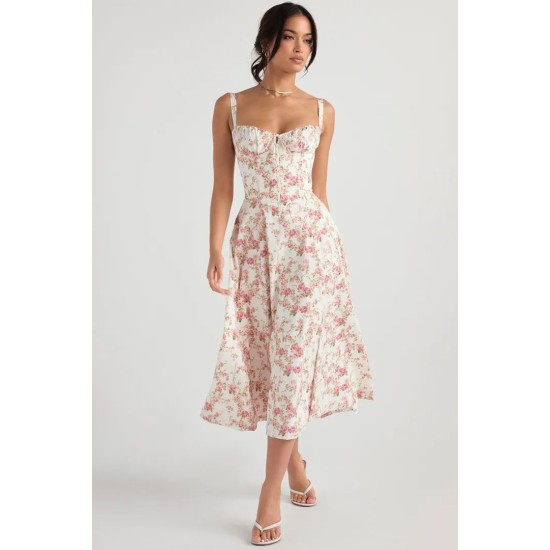 PINK CARMEN PRINT BUSTIER SUNDRESS