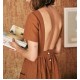 COTTON LINEN BACKLESS SHORT SLEEVES DRESS