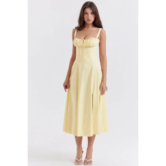 YELLOW CARMEN PRINT BUSTIER SUNDRESS