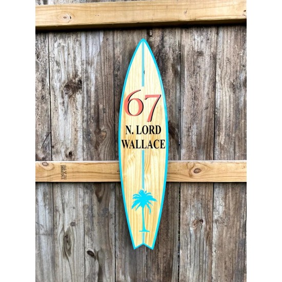 Surfboard address sign, Custom house number surf art